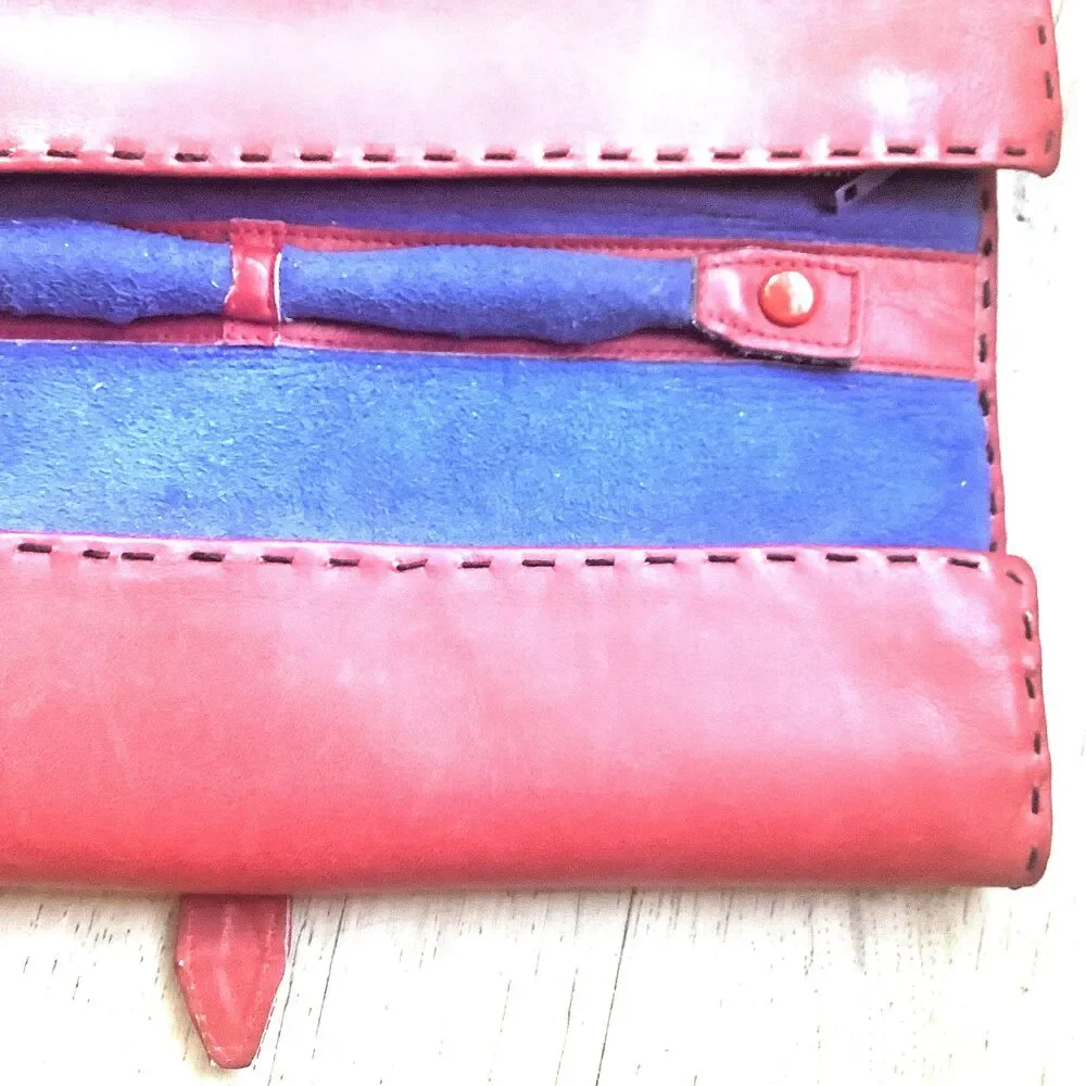 Vintage Jewelry Organizer Red Italian Leather Travel Pouch Blue Suede Lined